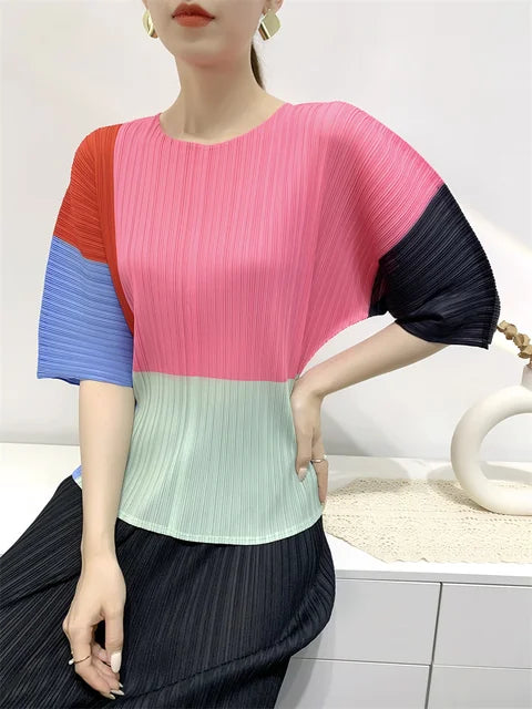 Contrast Color T-shirt For Women Round Neck Half Sleeves Thin Casual Tops Fashion Clothing