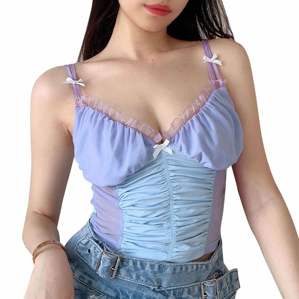 Fashion Women Color Splicing Slip Elastic Camisole Ladies Summer Casual V-neck Mesh Slim Crop Tops Vest S-L