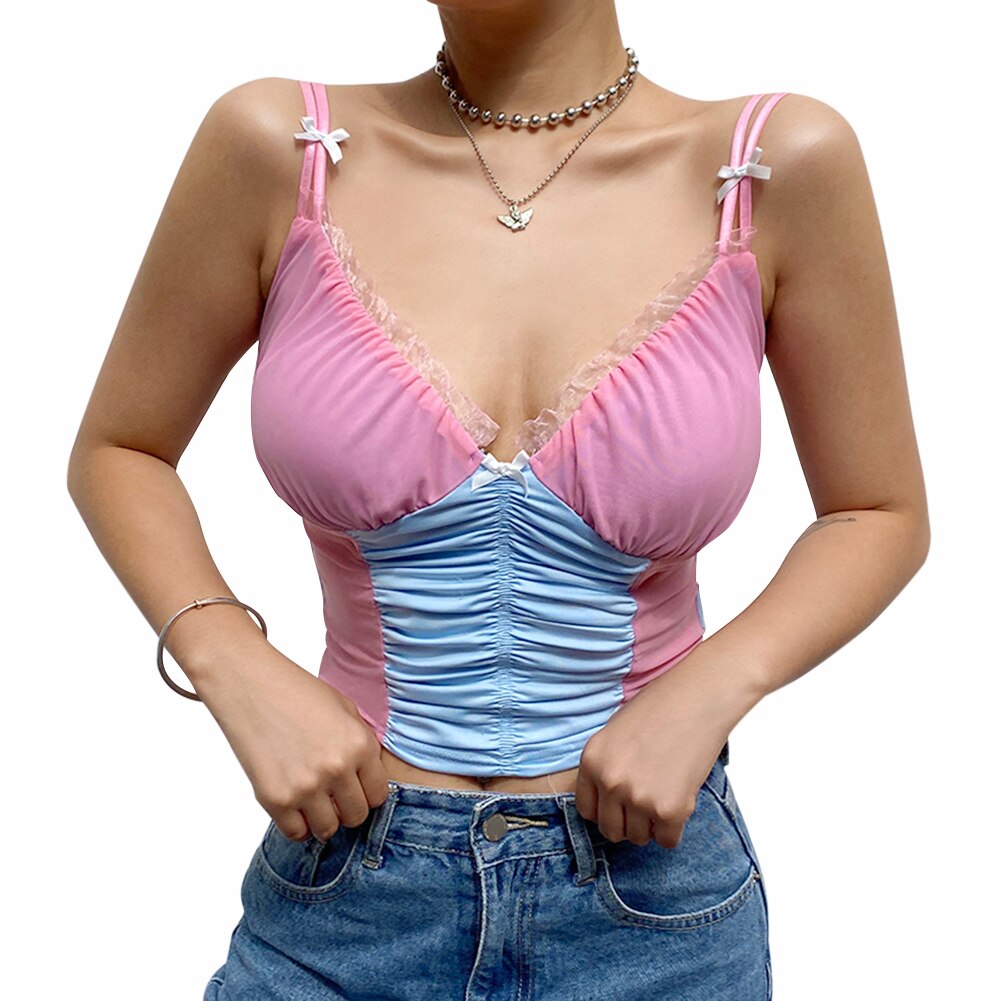 Fashion Women Color Splicing Slip Elastic Camisole Ladies Summer Casual V-neck Mesh Slim Crop Tops Vest S-L