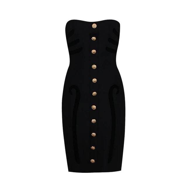 Fashion Party Mini Dress Women Sexy Strapless Black Bandage Slim Female Clothing With Gold Button Vestido