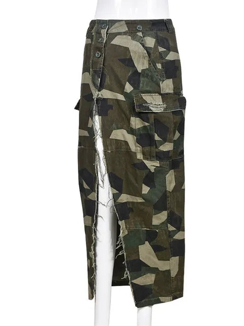 Camouflage Skirts For Women High Waist Split Patchwork Tassel Temperament Skirt  Female Fashion Clothing   New